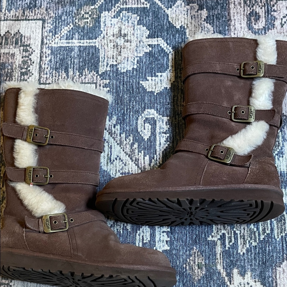 UGG Chocolate Suede Boots with Buckle and Shearling